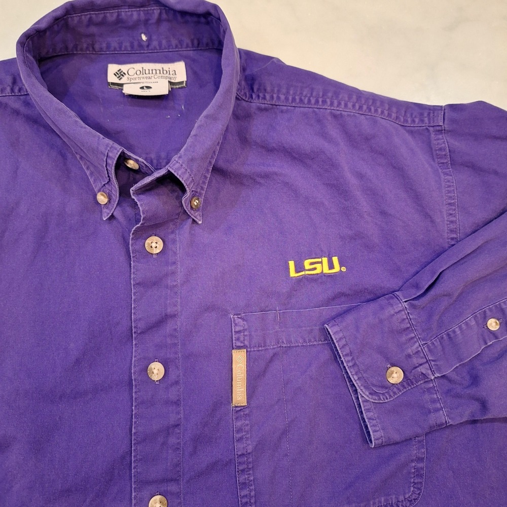 Columbia Button Down Shirt Lg Purple LSU Tigers Embroidered Cotton XM7227 As Is